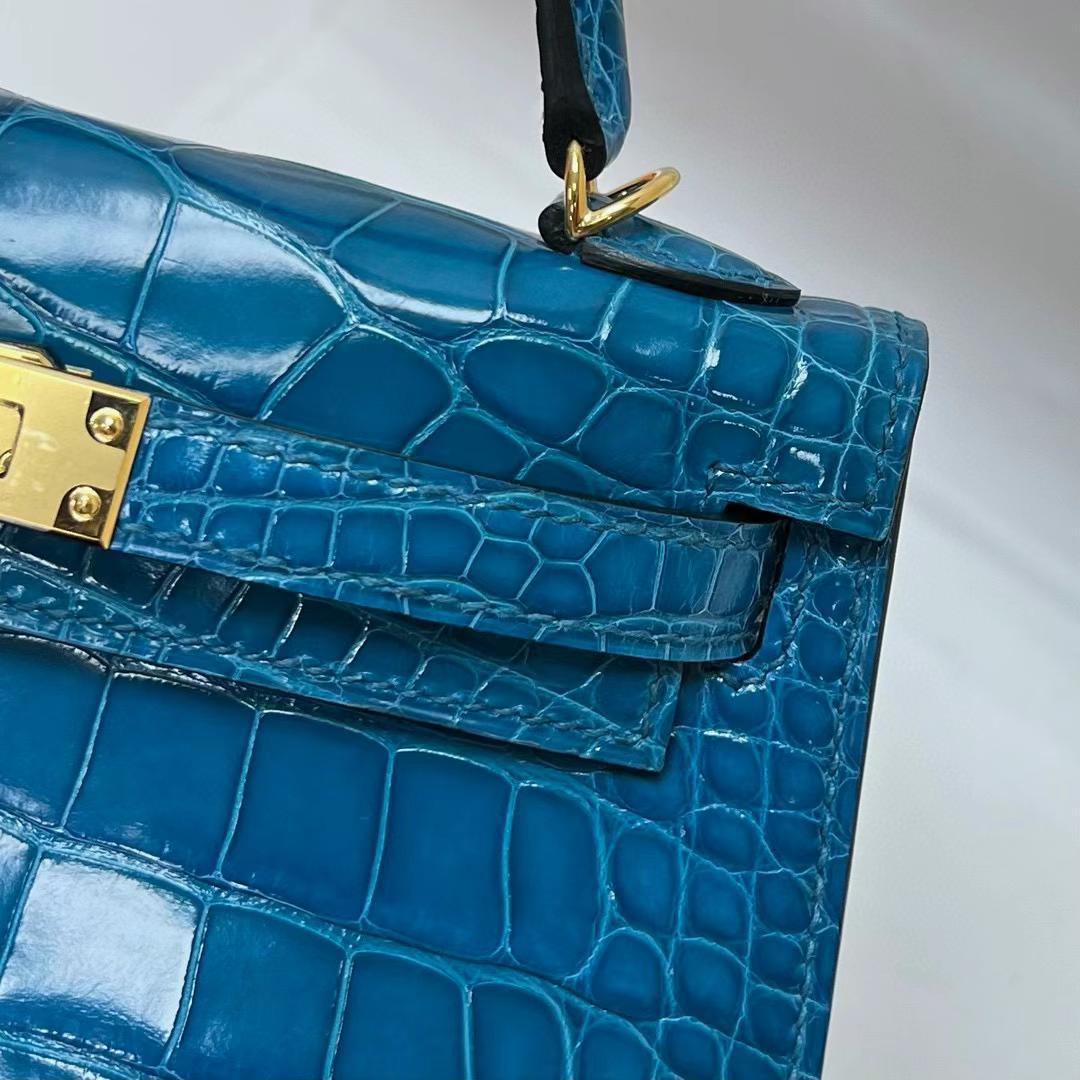 Hermès（爱马仕）Mini Kelly 迷你凯莉 亮面美洲鳄鱼 shiny alligator crocodile 7W 伊兹密尔蓝 金扣 19cm 全手工蜡线缝制 ghw