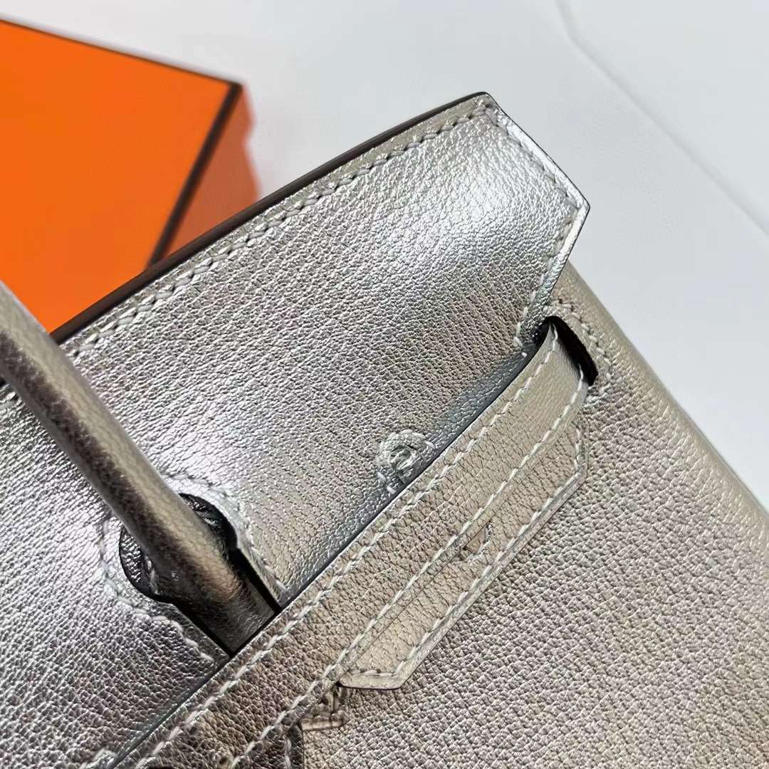 Hermès（爱马仕）Birkin 铂金包 Chevre 进口山羊皮 01 银色 内拼 ck89 黑色 银扣 25cm 全手工蜡线缝制