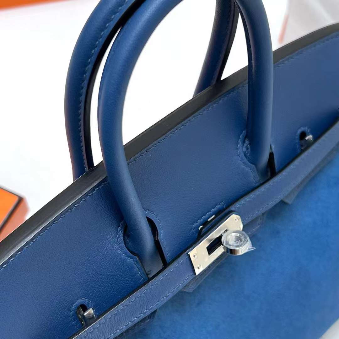 Hermès（爱马仕）Birkin 铂金包 Grizzly Swift 拼 Suede O8 皇家蓝 银扣 25cm 全手工蜡线缝制