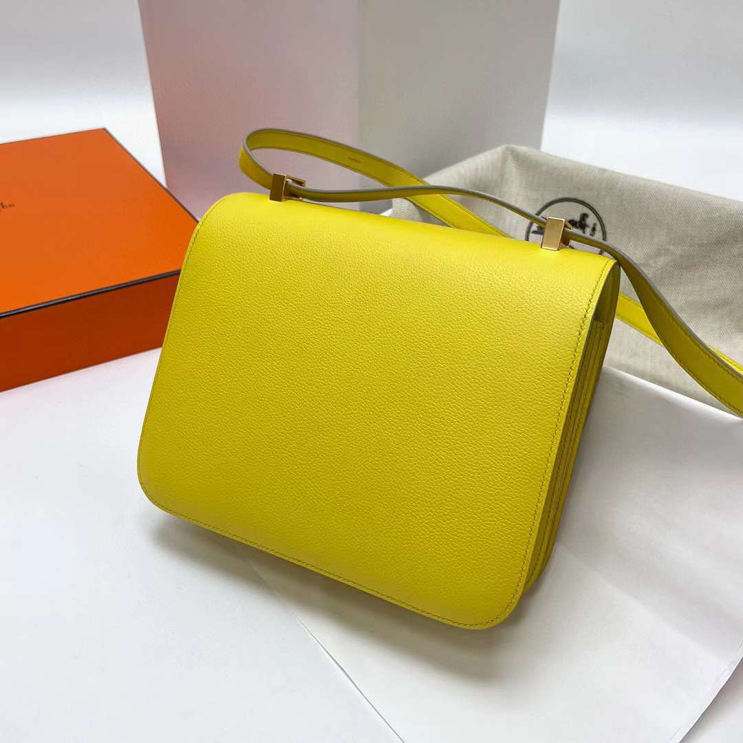Hermès（爱马仕）Constance 空姐包 Evercolor 9R 柠檬黄 金扣 24cm 全手工蜡线缝制 Ghw