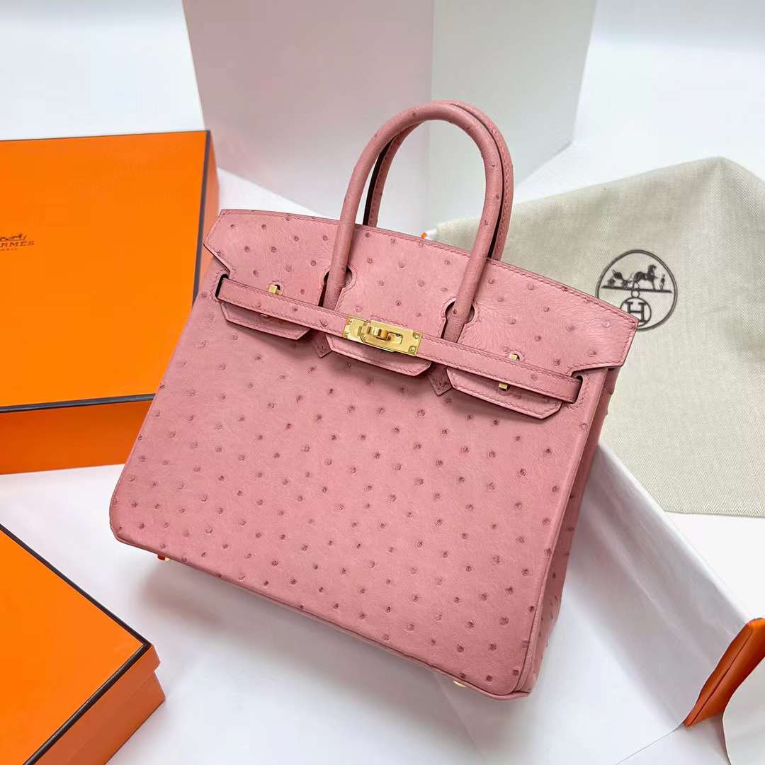 Hermès（爱马仕）Birkin 铂金包 Ostrich 进口鸵鸟皮 Ck94 陶瓷粉 金扣 25cm 全手工蜡线缝制 Ghw