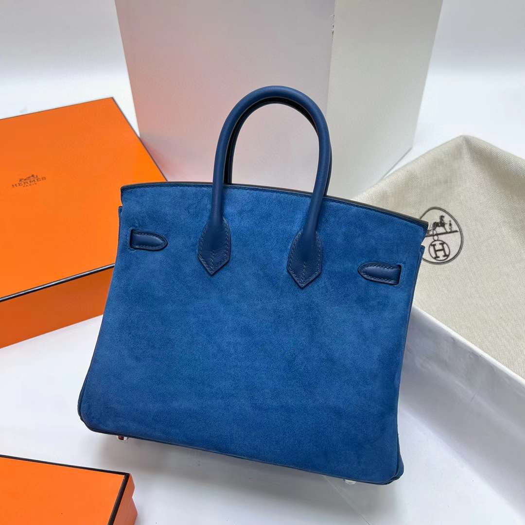 Hermès（爱马仕）Birkin 铂金包 Grizzly Swift 拼 Suede O8 皇家蓝 银扣 25cm 全手工蜡线缝制