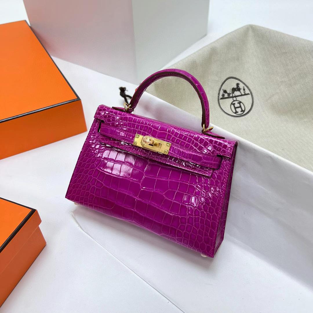 Hermès（爱马仕）Mini Kelly 迷你凯莉 亮面美洲鳄鱼 shiny alligator crocodile  J5 天方夜谭粉紫 金扣 19cm 全手工蜡线缝制 ghw