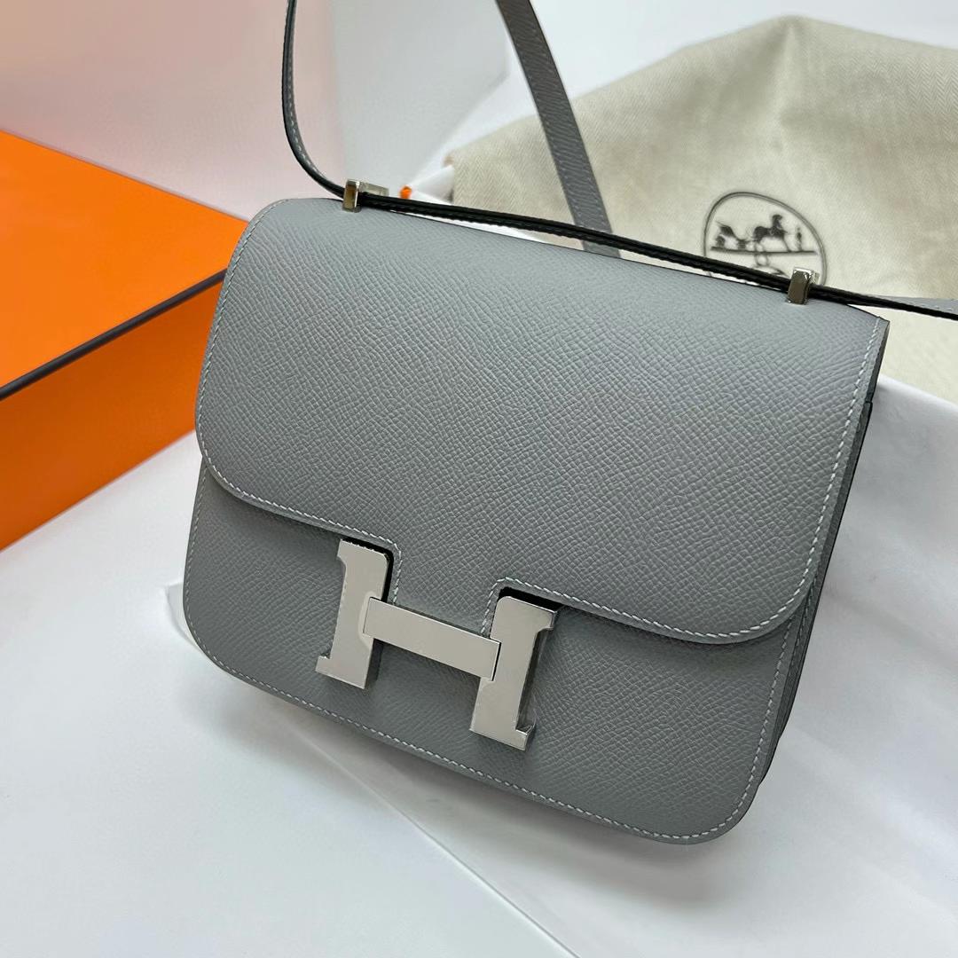 Hermès（爱马仕）Constance 空姐包 Epsom 4Z 海鸥灰 银扣 19cm 全手工蜡线缝制 Phw