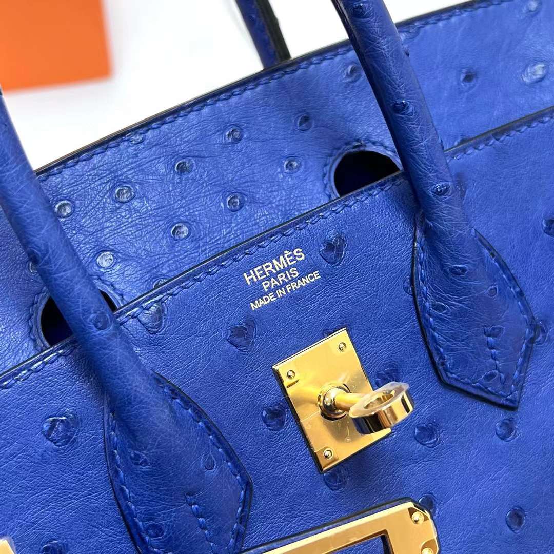 Hermès（爱马仕）Birkin 铂金包 Ostrich 进口鸵鸟皮 7T 电光蓝 金扣 25cm 全手工蜡线缝制 Ghw