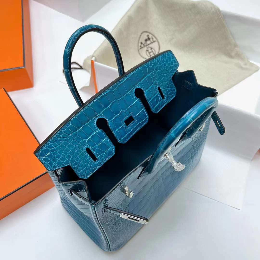 Hermès（爱马仕）Birkin 铂金包 亮面美洲鳄鱼 shiny alligator crocodile（御用原装进口Hcp鳄鱼）7w 伊兹密尔蓝 银扣 25cm 全手工蜡线缝制