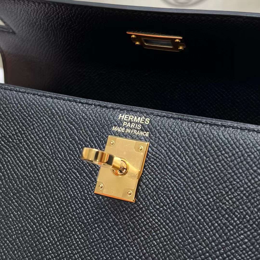 Hermès（爱马仕）Kelly 凯莉包 Epsom Ck89 黑色 金扣 25cm 全手工蜡线缝制 Ghw