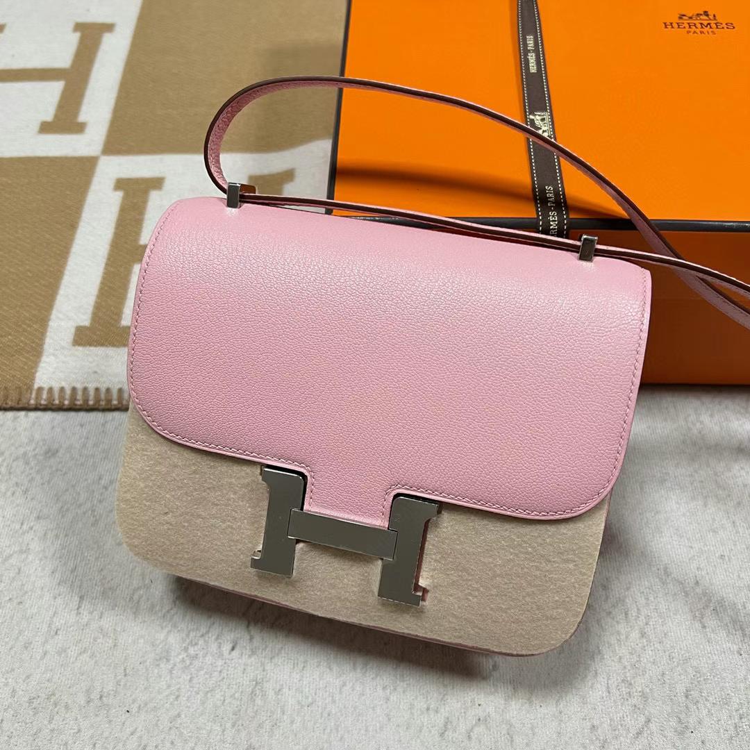 Hermès（爱马仕）Constance 空姐包 Chevre 进口山羊皮 3Q 新粉色 银扣 19cm Phw 全手工蜡线缝制