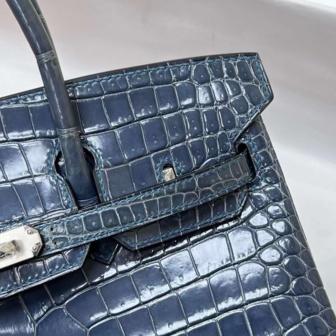 Hermès（爱马仕）Birkin 铂金包 亮面倒v澳洲湾鳄 Shiny Porosus Crocodile（御用原装进口Hcp鳄鱼皮）N7 风暴蓝 银扣 25cm 全手工蜡线缝制 Phw