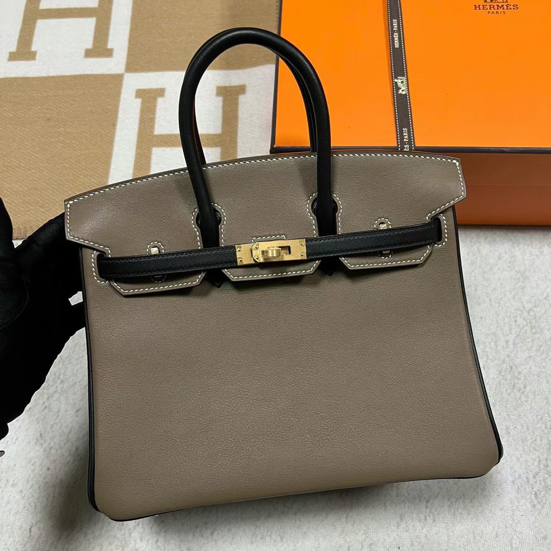 Hermès（爱马仕）Birkin 铂金包 Swift Ck18 大象灰 拼 Ck89 黑色 拉丝金扣 25cm 全手工蜡线缝制 Mghw