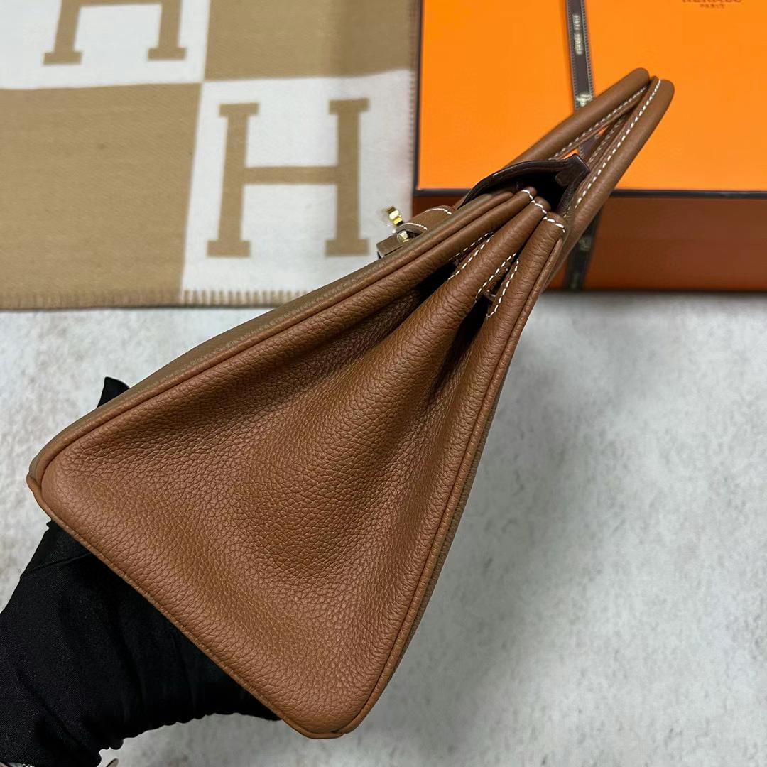 Hermès（爱马仕）Birkin 铂金包 Togo 3G 栗子棕 拼 Ck37 金棕色 金扣 25cm 全手工蜡线缝制 Ghw