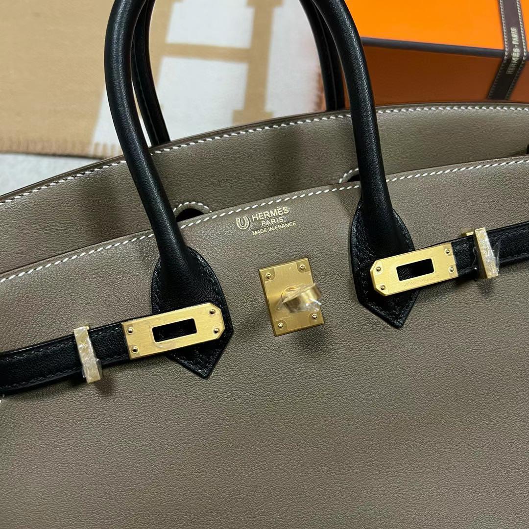 Hermès（爱马仕）Birkin 铂金包 Swift Ck18 大象灰 拼 Ck89 黑色 拉丝金扣 25cm 全手工蜡线缝制 Mghw