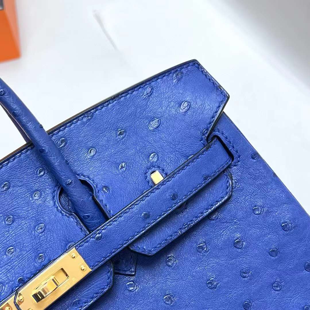 Hermès（爱马仕）Birkin 铂金包 Ostrich 进口鸵鸟皮 7T 电光蓝 金扣 25cm 全手工蜡线缝制 Ghw