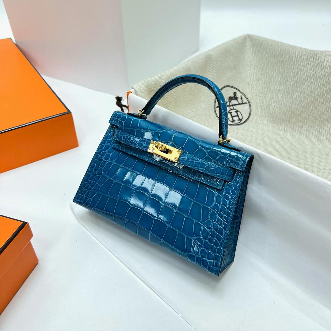 Hermès（爱马仕）Mini Kelly 迷你凯莉 亮面美洲鳄鱼 shiny alligator crocodile 7W 伊兹密尔蓝 金扣 19cm 全手工蜡线缝制 ghw