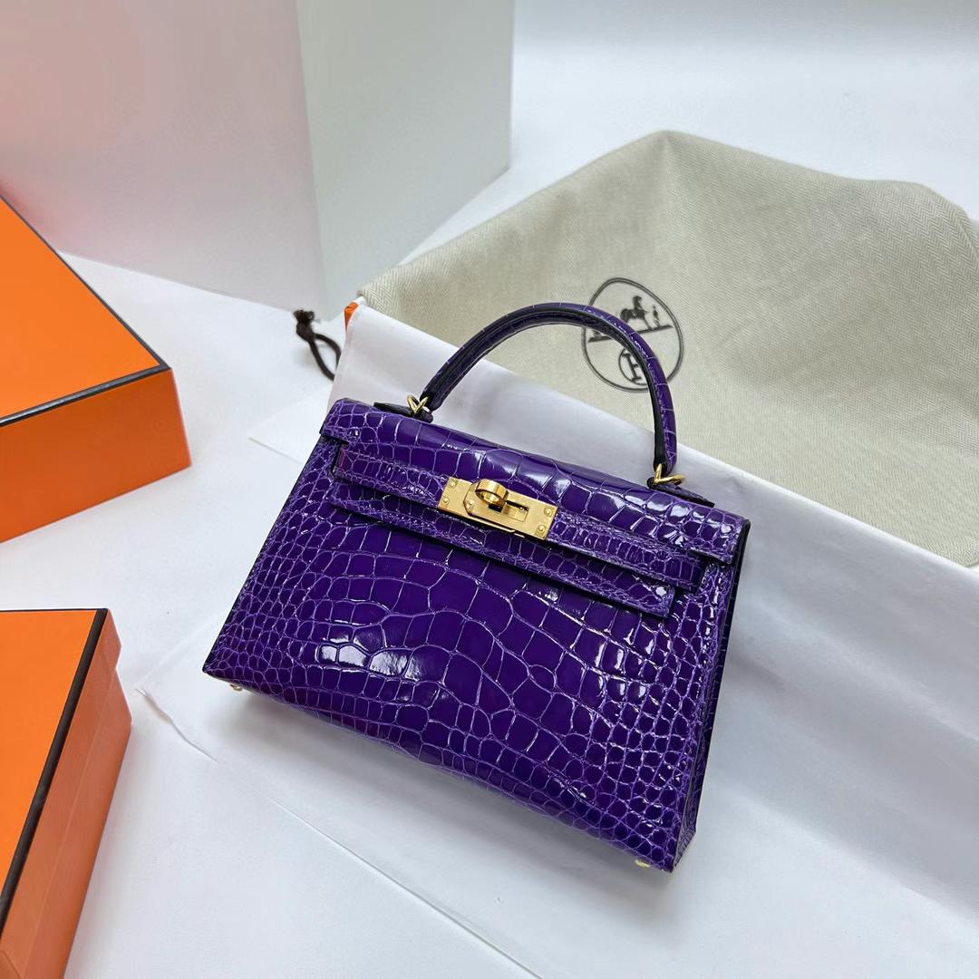 Hermès（爱马仕）Mini Kelly 迷你凯莉 亮面美洲鳄鱼 shiny alligator crocodile 5L 极度紫 金扣 19cm 全手工蜡线缝制 ghw