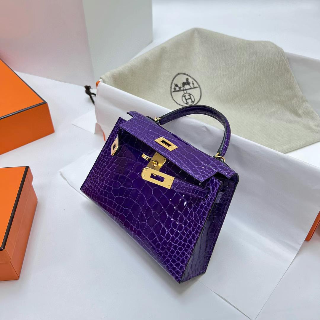 Hermès（爱马仕）Mini Kelly 迷你凯莉 亮面美洲鳄鱼 shiny alligator crocodile 5L 极度紫 金扣 19cm 全手工蜡线缝制 ghw