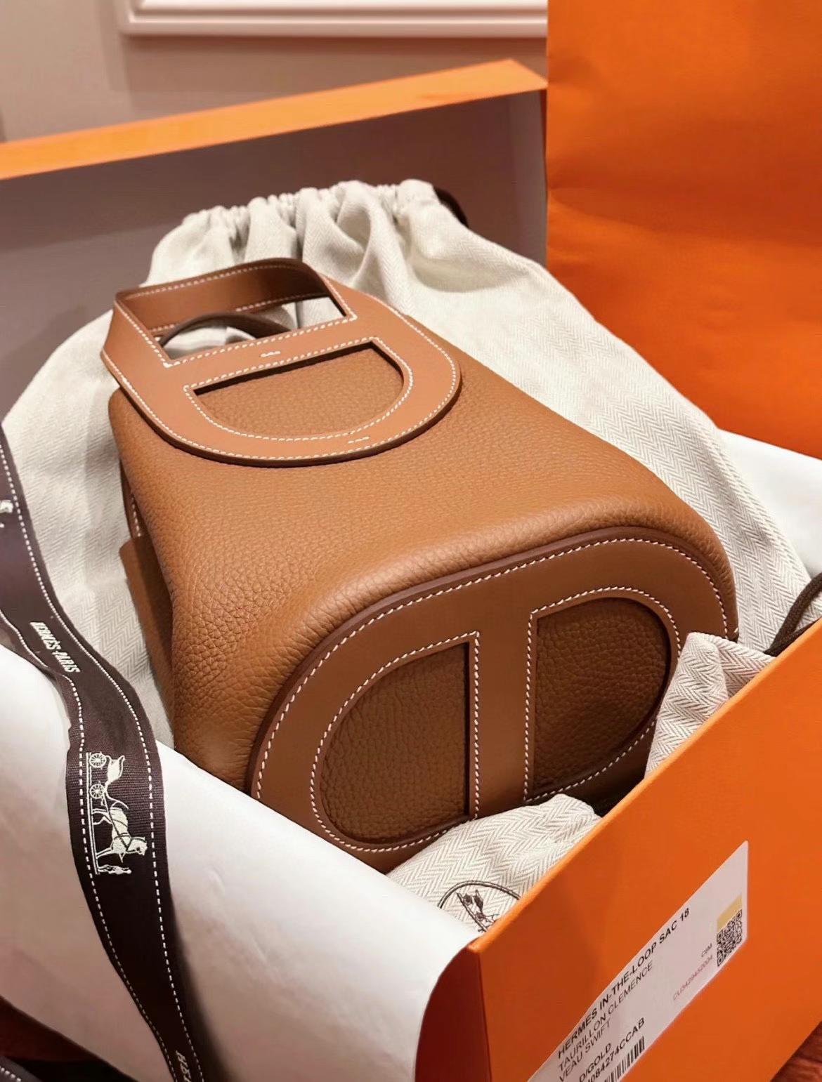 Hermès（爱马仕）新品 New In-the-loop 猪鼻子菜篮子 Togo 金棕色 银扣 18cm