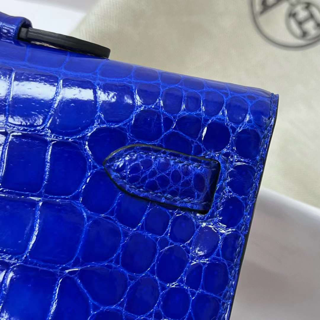Hermès（爱马仕）Kelly cut 亮面倒v澳洲湾鳄 shiny porosus crocodile 7T 电光蓝 银扣 31cm 全手工蜡线缝制