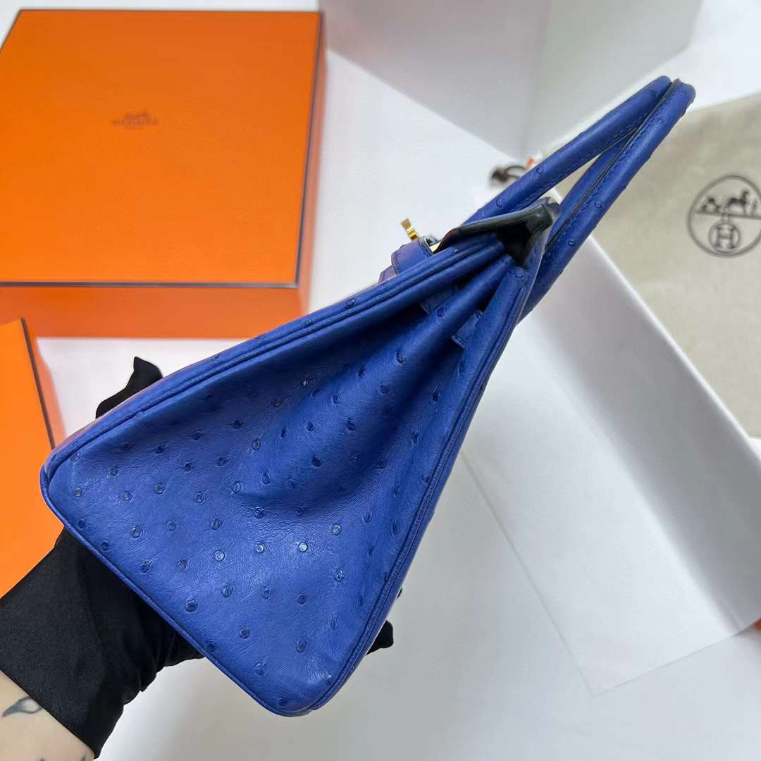 Hermès（爱马仕）Birkin 铂金包 Ostrich 进口鸵鸟皮 7T 电光蓝 金扣 25cm 全手工蜡线缝制 Ghw