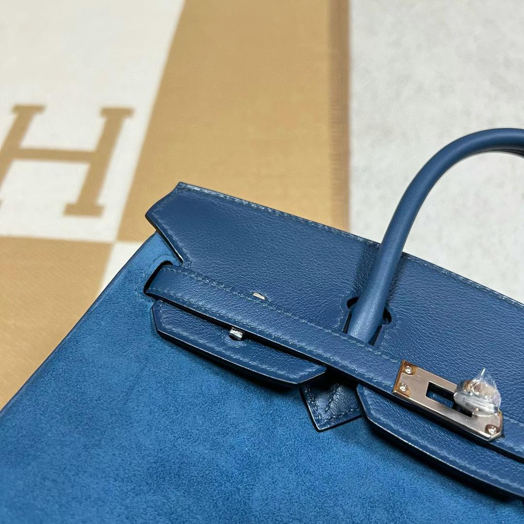 Hermès（爱马仕）Birkin 铂金包 Grizzly 麂皮 拼 Swift O8 皇家蓝 银扣 25cm