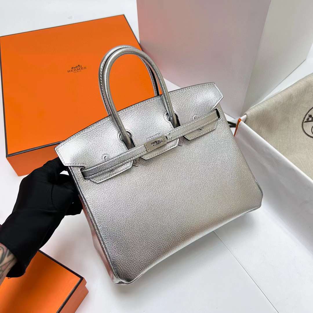 Hermès（爱马仕）Birkin 铂金包 Chevre 进口山羊皮 01 银色 内拼 ck89 黑色 银扣 25cm 全手工蜡线缝制