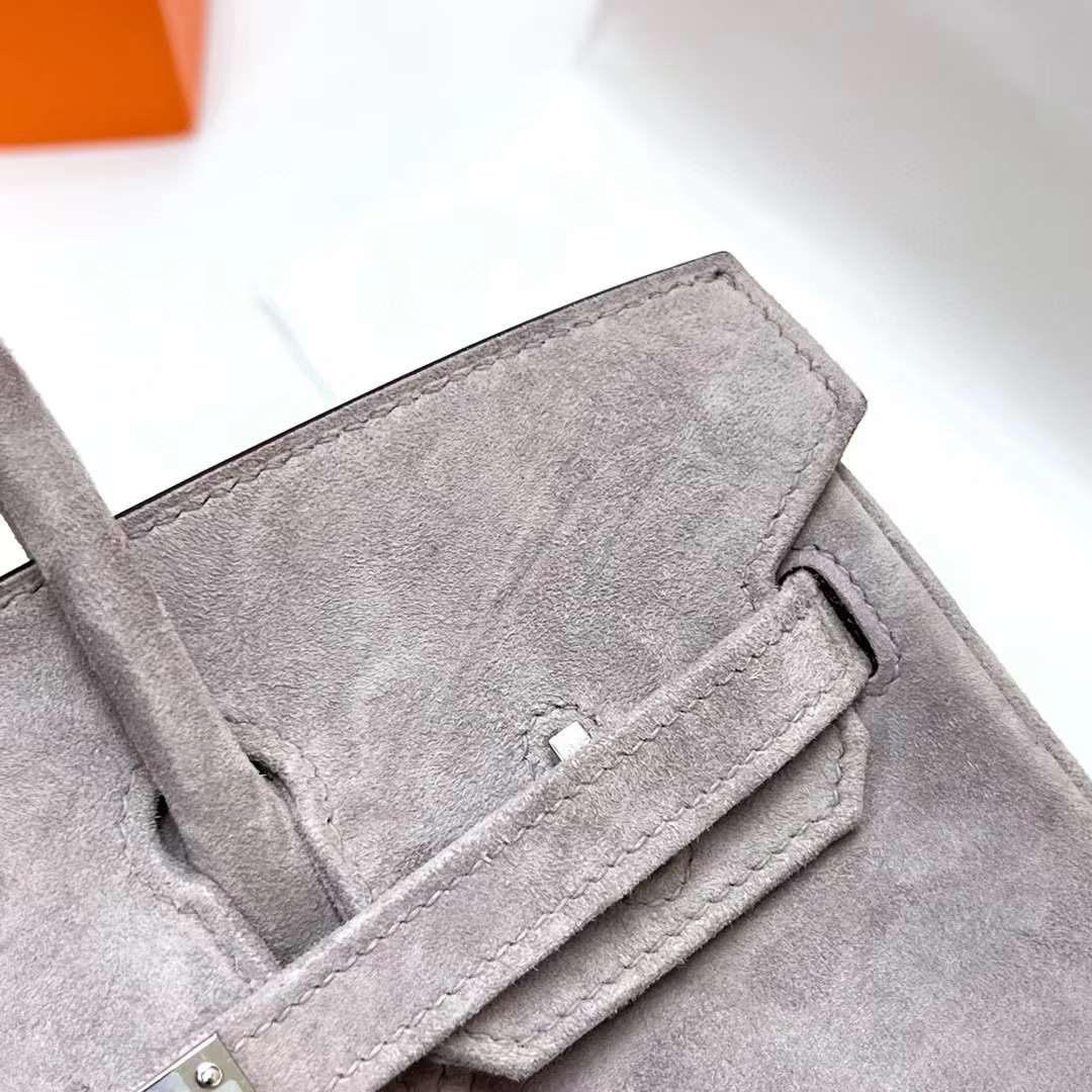 Hermès（爱马仕）Birkin 铂金包 Suede 麂皮 灰色 银扣 25cm 全手工蜡线缝制 Phw