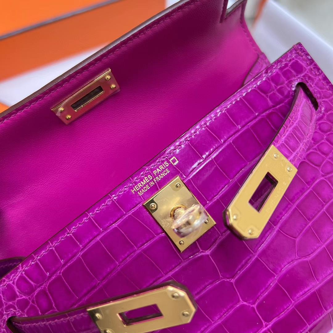 Hermès（爱马仕）Mini Kelly 迷你凯莉 亮面美洲鳄鱼 shiny alligator crocodile  J5 天方夜谭粉紫 金扣 19cm 全手工蜡线缝制 ghw