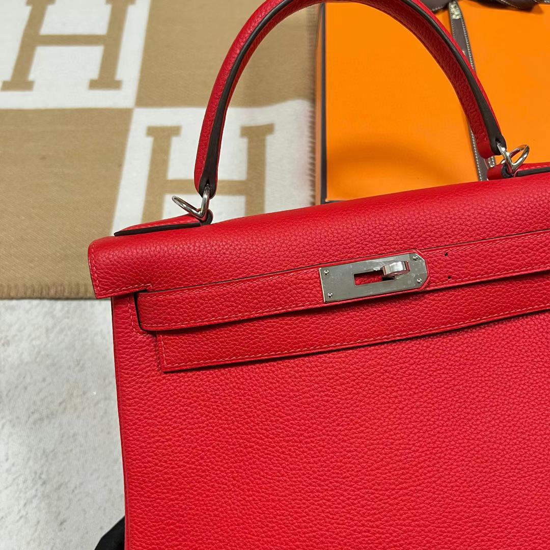 Hermès（爱马仕）Kelly 凯莉包 Togo皮 S3 心红色 银扣 28cm 全手工蜡线缝制 Phw