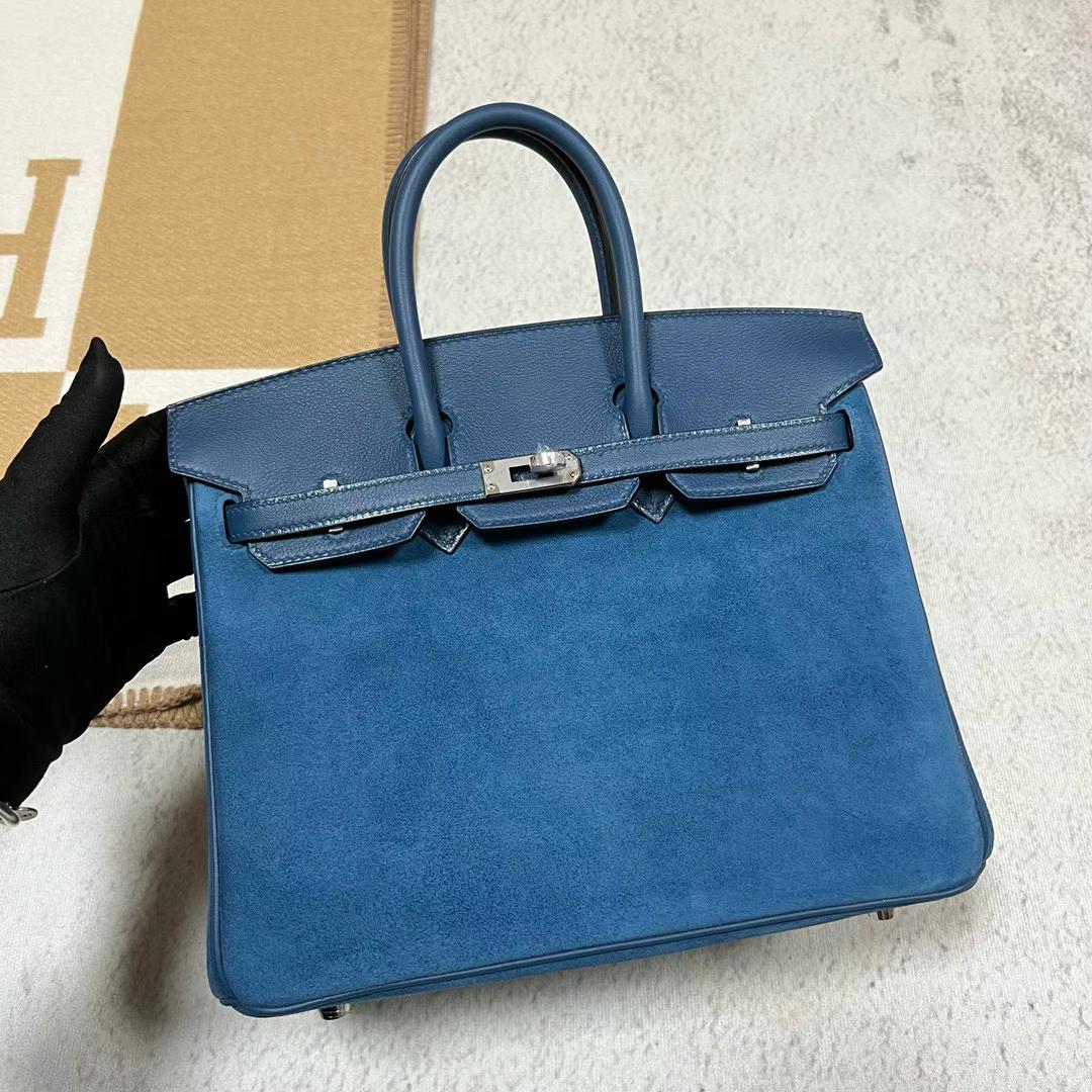 Hermès（爱马仕）Birkin 铂金包 Grizzly 麂皮 拼 Swift O8 皇家蓝 银扣 25cm