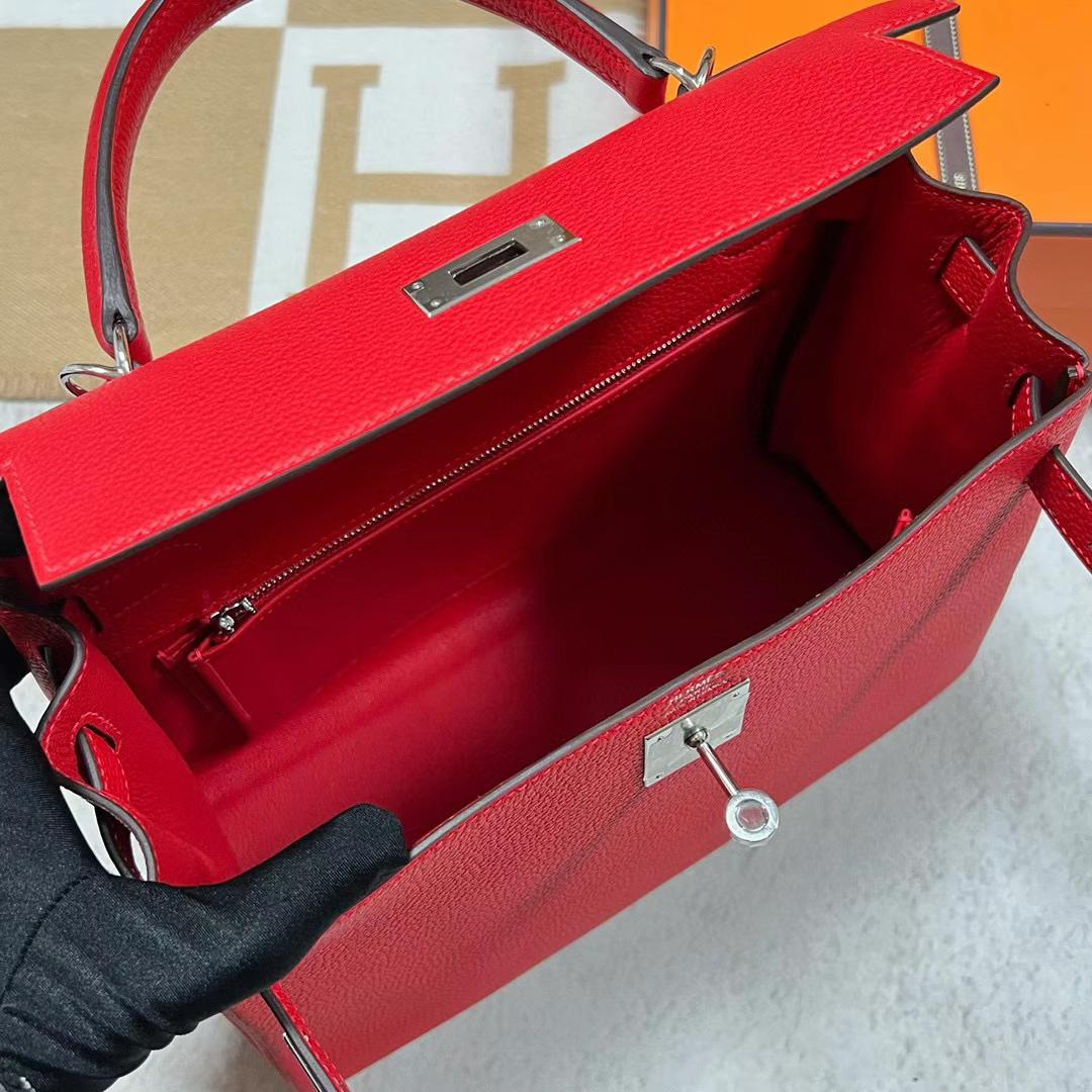 Hermès（爱马仕）Kelly 凯莉包 Togo皮 S3 心红色 银扣 28cm 全手工蜡线缝制 Phw