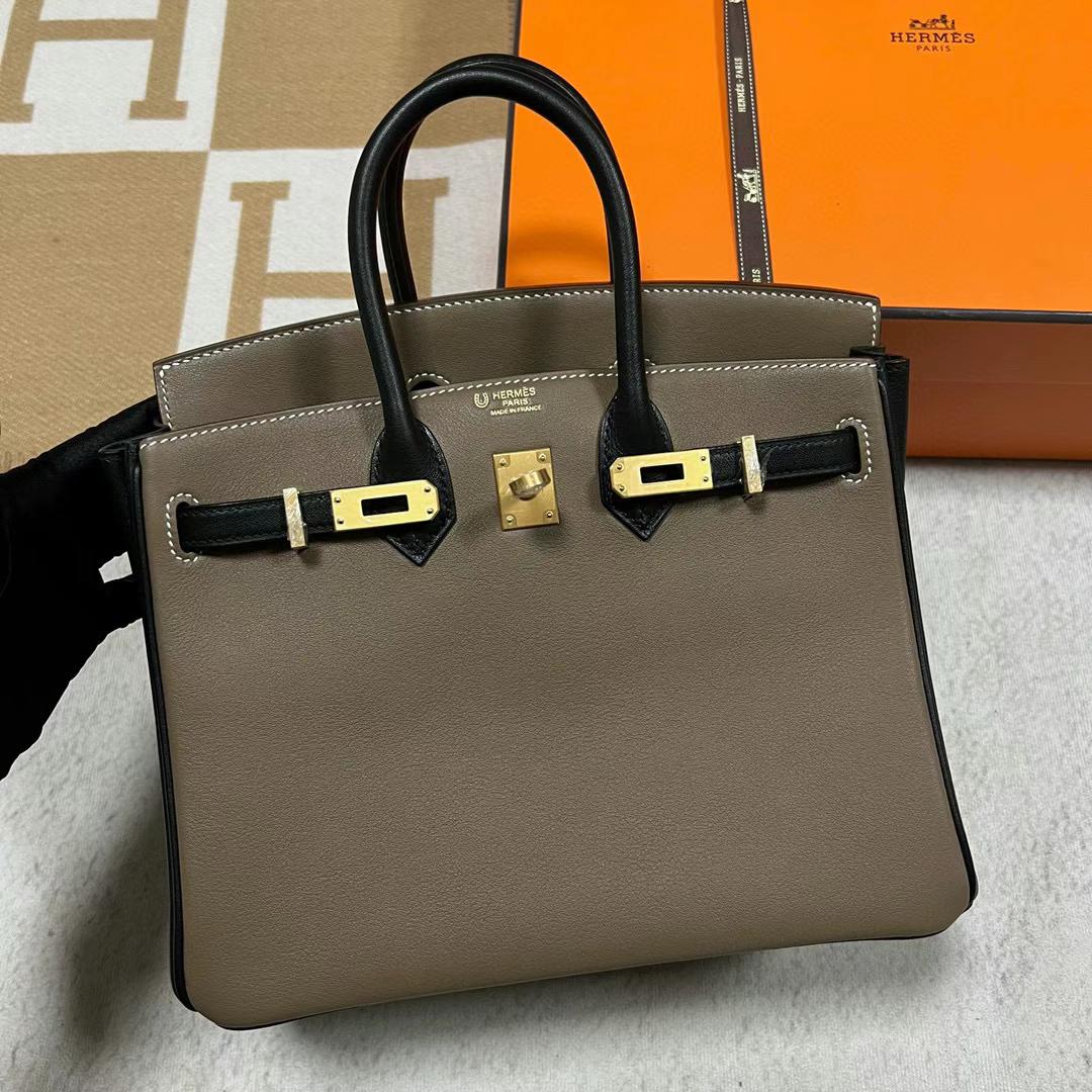 Hermès（爱马仕）Birkin 铂金包 Swift Ck18 大象灰 拼 Ck89 黑色 拉丝金扣 25cm 全手工蜡线缝制 Mghw
