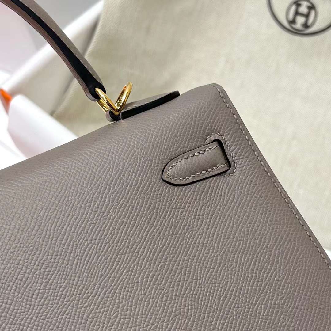 Hermès（爱马仕）Kelly 凯莉包 Epsom M8 沥青灰 金扣 25cm 全手工蜡线缝制 Ghw