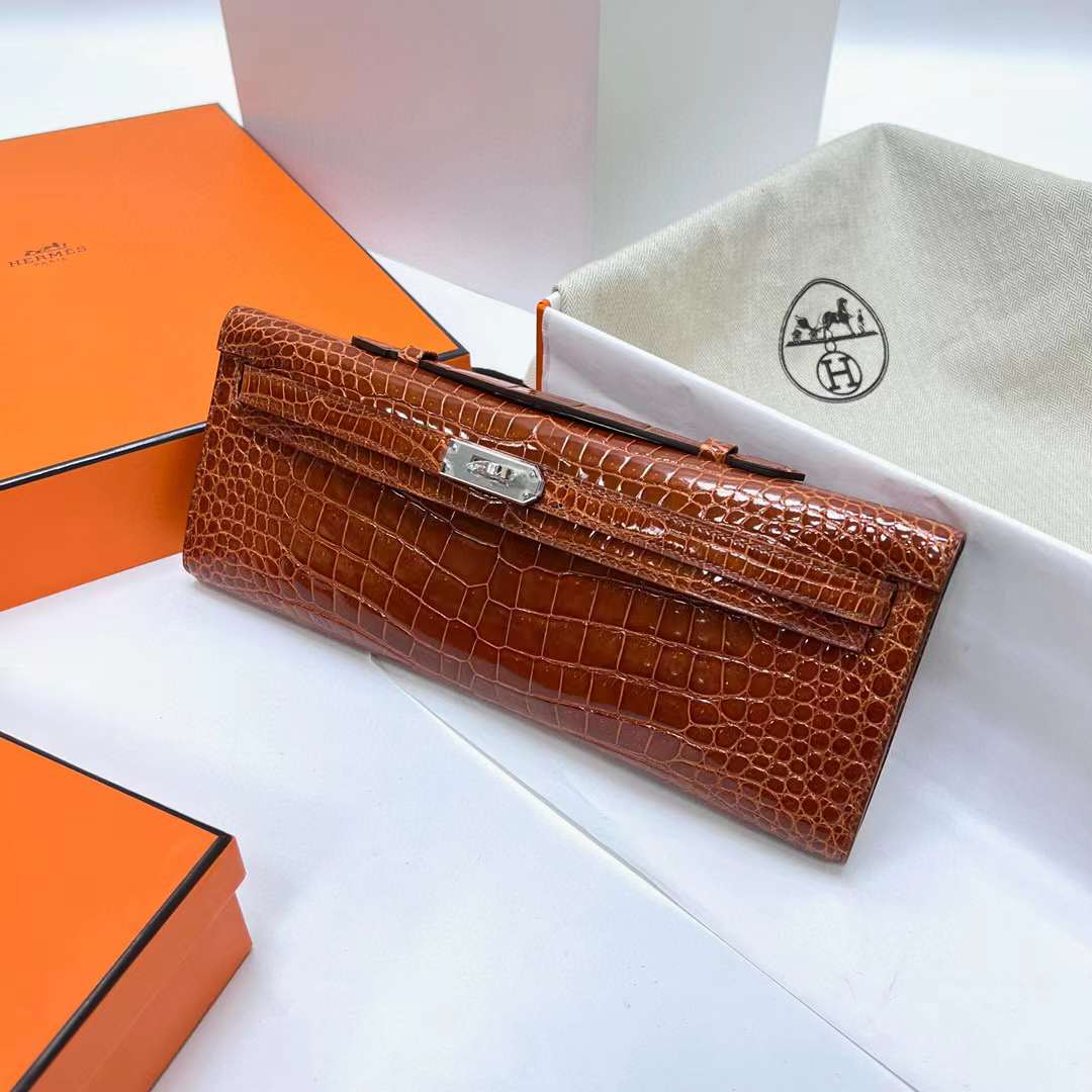 Hermès（爱马仕）Kelly cut 亮面倒v澳洲湾鳄 shiny porosus crocodile Ck31 蜜糖棕 银扣 31cm 全手工蜡线缝制