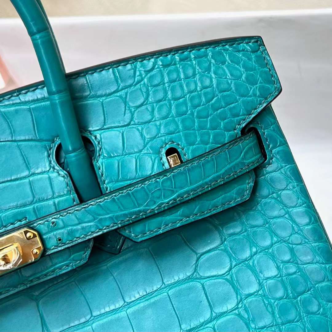 Hermès（爱马仕）Birkin 铂金包 雾面美洲鳄鱼 matte alligator crocodile（御用原装进口Hcp鳄鱼）7F 孔雀蓝 金扣 25cm 全手工蜡线缝制 ghw