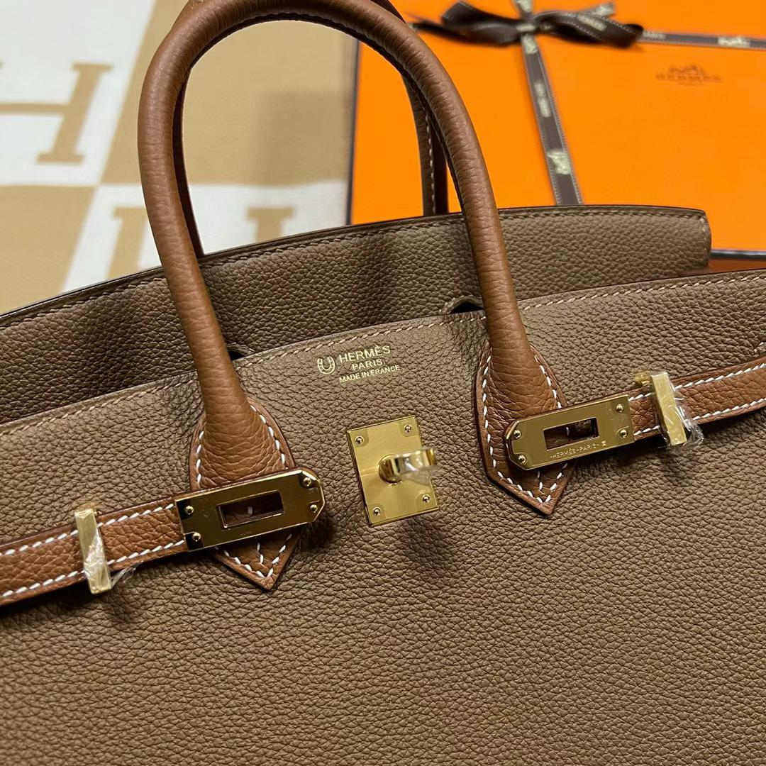 Hermès（爱马仕）Birkin 铂金包 Togo 3G 栗子棕 拼 Ck37 金棕色 金扣 25cm 全手工蜡线缝制 Ghw