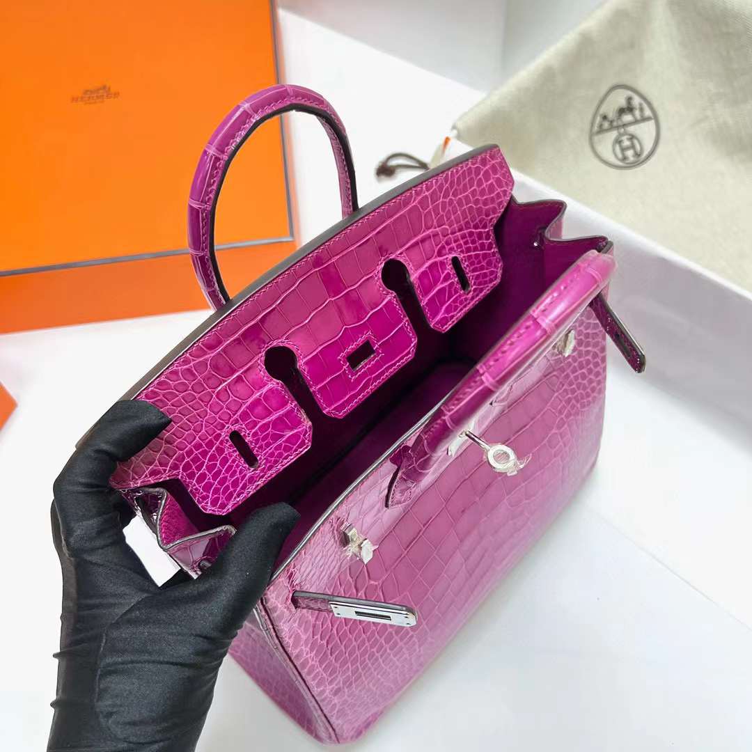 Hermès（爱马仕）Birkin 铂金包 亮面美洲鳄鱼 shiny alligator crocodile（御用原装进口Hcp鳄鱼）j5 天方夜谭粉紫 银扣 25cm 全手工蜡线缝制 Phw