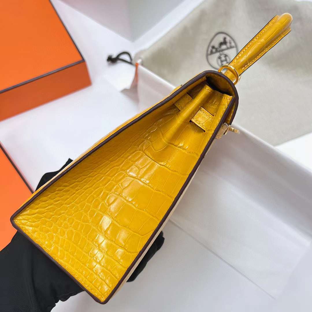 Hermès（爱马仕）Kelly 凯莉包 亮面美洲鳄鱼 shiny alligator crocodile 9D 琥珀黄 金扣 25cm 全手工缝制