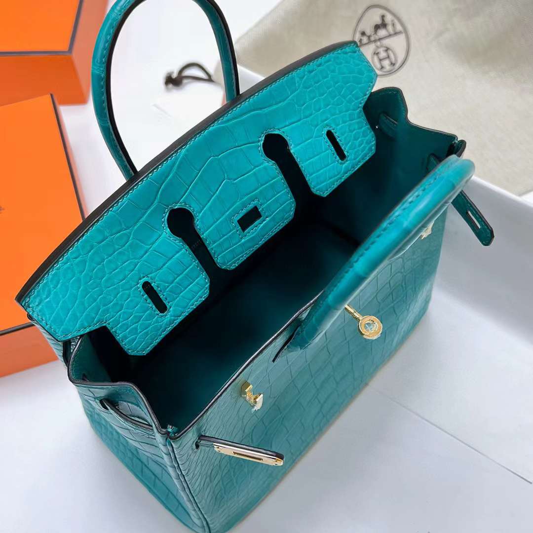 Hermès（爱马仕）Birkin 铂金包 雾面美洲鳄鱼 matte alligator crocodile（御用原装进口Hcp鳄鱼）7F 孔雀蓝 金扣 25cm 全手工蜡线缝制 ghw