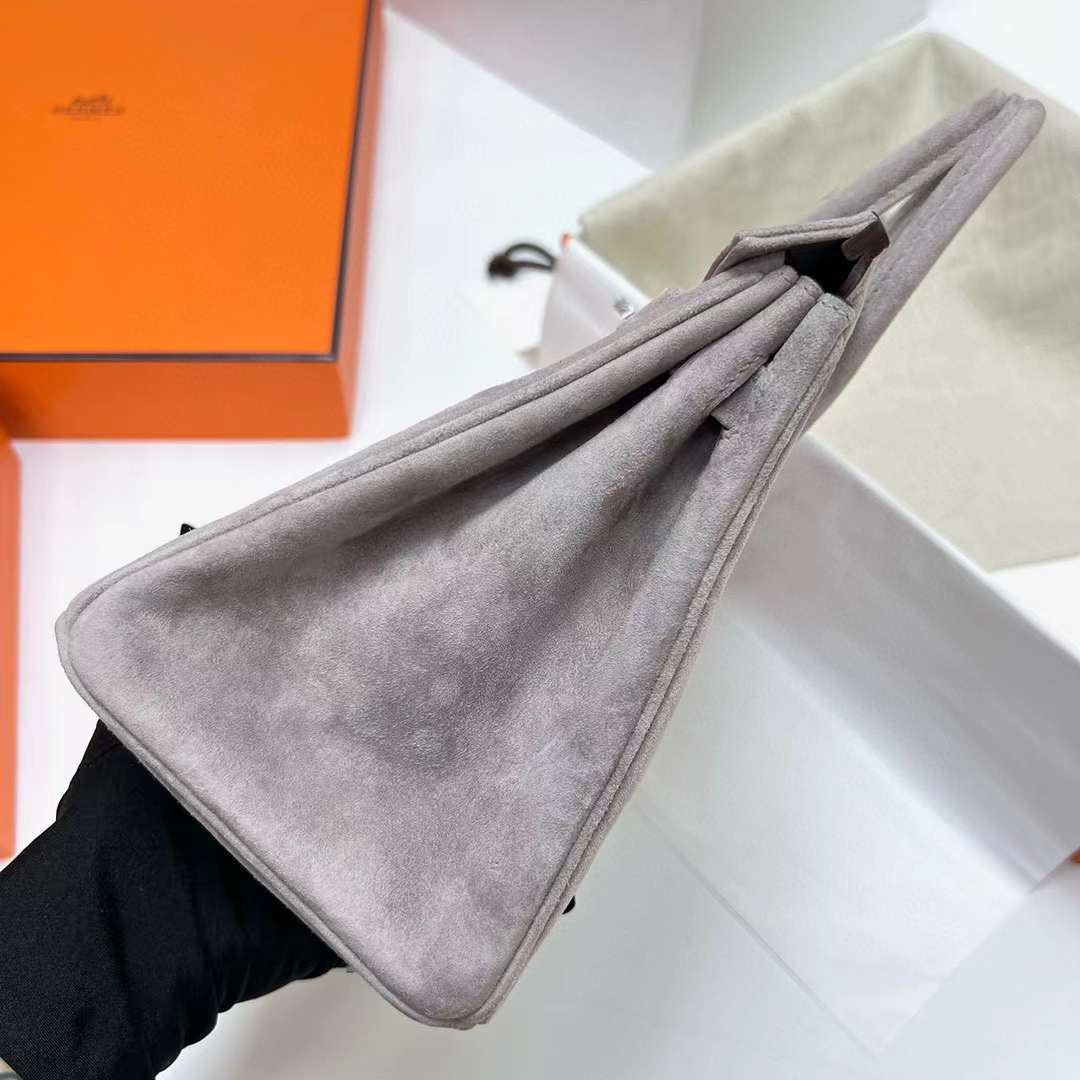 Hermès（爱马仕）Birkin 铂金包 Suede 麂皮 灰色 银扣 25cm 全手工蜡线缝制 Phw