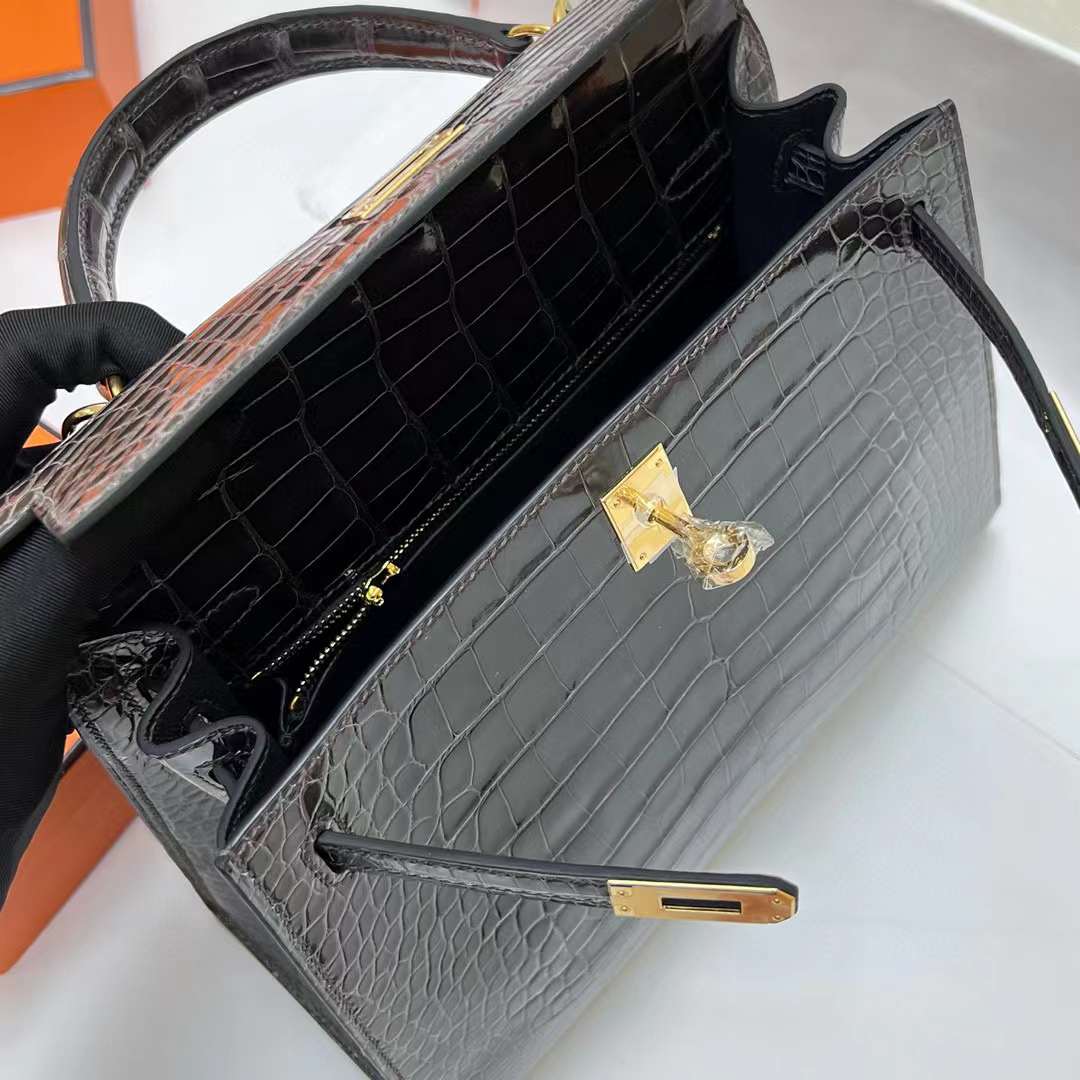 Hermès（爱马仕）Kelly 凯莉包 亮面美洲鳄鱼 shiny alligator crocodile Ck88 石墨灰 金扣 25cm 全手工缝制 Ghw