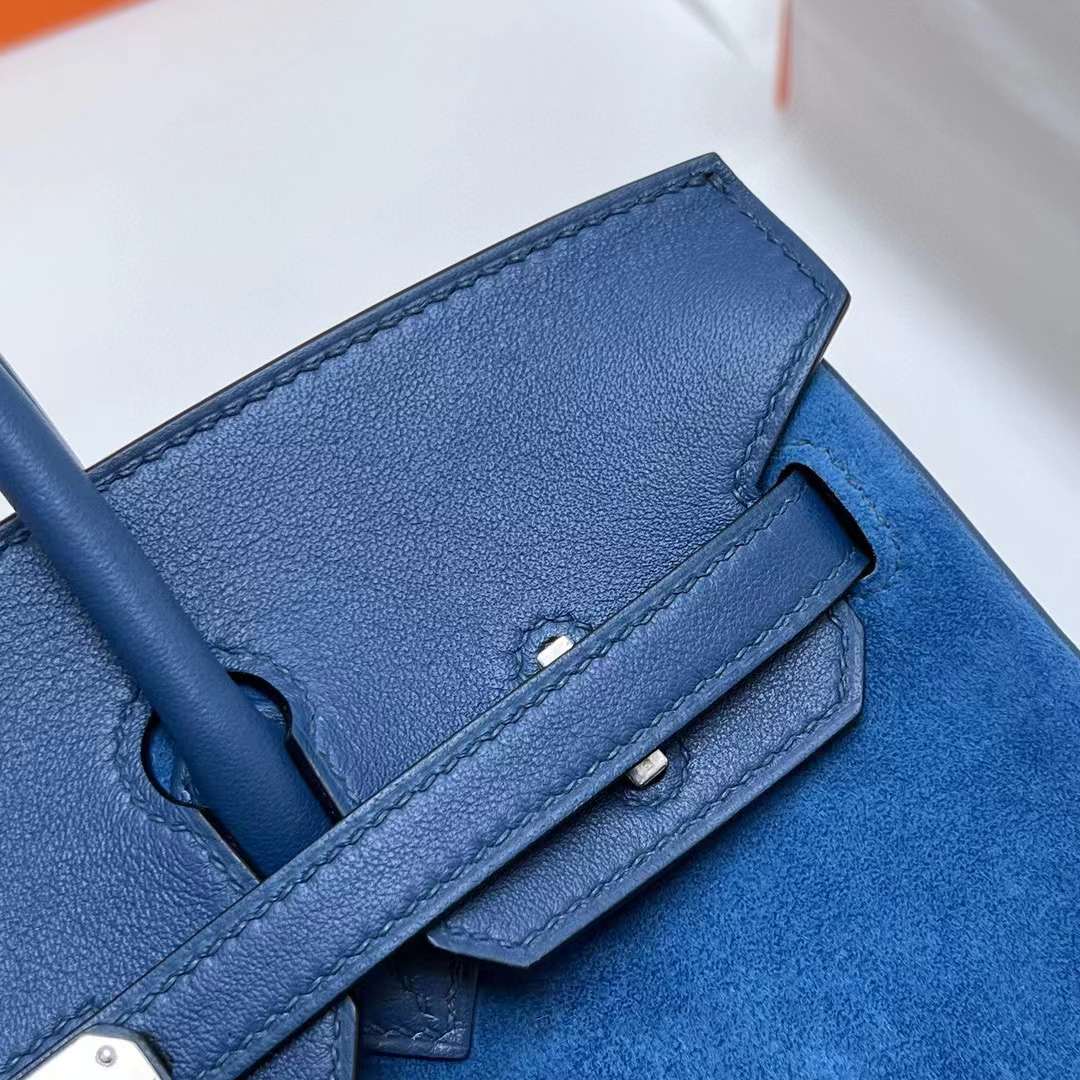 Hermès（爱马仕）Birkin 铂金包 Grizzly Swift 拼 Suede O8 皇家蓝 银扣 25cm 全手工蜡线缝制