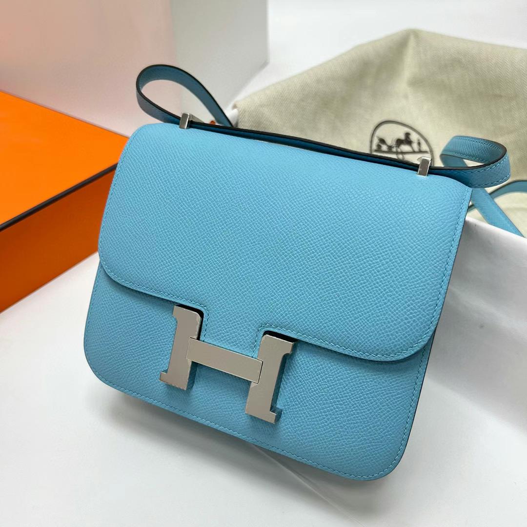 Hermès（爱马仕）Constance 空姐包 Epsom 7N 糖果蓝 银扣 19cm 全手工蜡线缝制 Phw