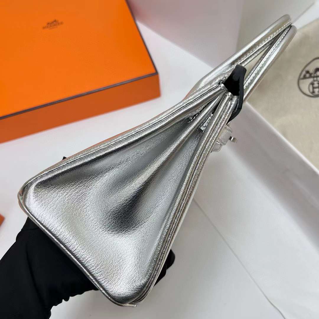Hermès（爱马仕）Birkin 铂金包 Chevre 进口山羊皮 01 银色 内拼 ck89 黑色 银扣 25cm 全手工蜡线缝制