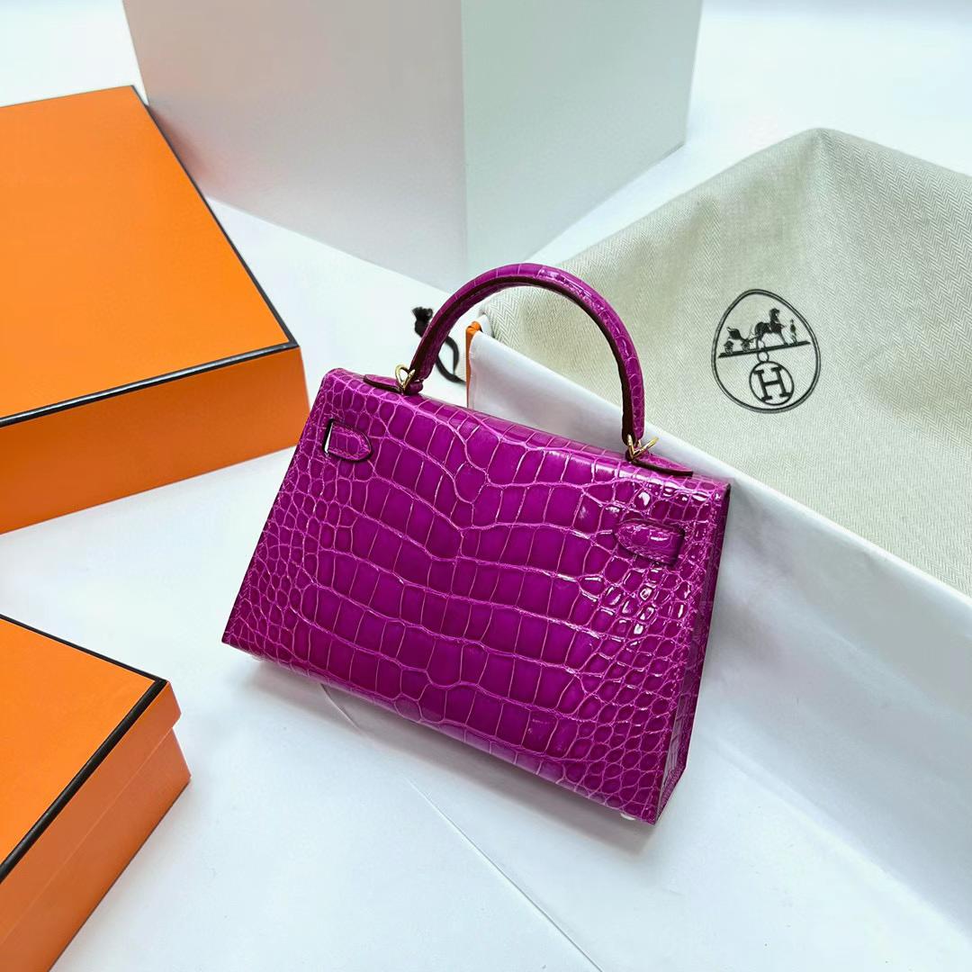 Hermès（爱马仕）Mini Kelly 迷你凯莉 亮面美洲鳄鱼 shiny alligator crocodile  J5 天方夜谭粉紫 金扣 19cm 全手工蜡线缝制 ghw