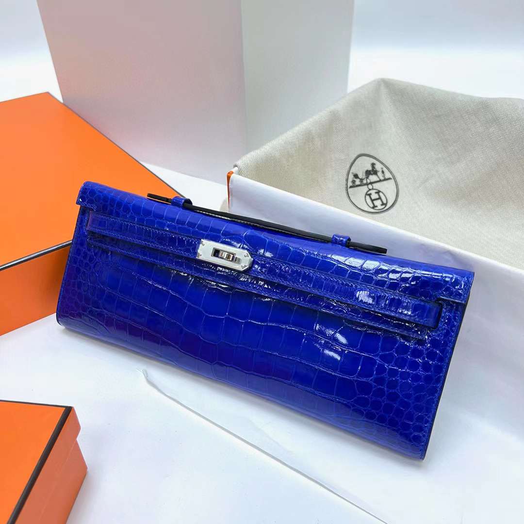 Hermès（爱马仕）Kelly cut 亮面倒v澳洲湾鳄 shiny porosus crocodile 7T 电光蓝 银扣 31cm 全手工蜡线缝制