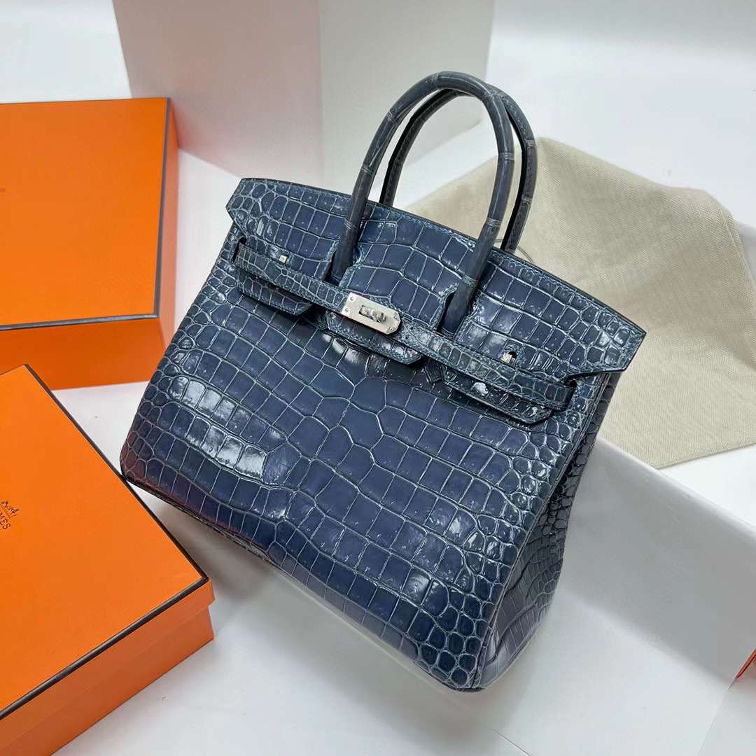Hermès（爱马仕）Birkin 铂金包 亮面倒v澳洲湾鳄 Shiny Porosus Crocodile（御用原装进口Hcp鳄鱼皮）N7 风暴蓝 银扣 25cm 全手工蜡线缝制 Phw