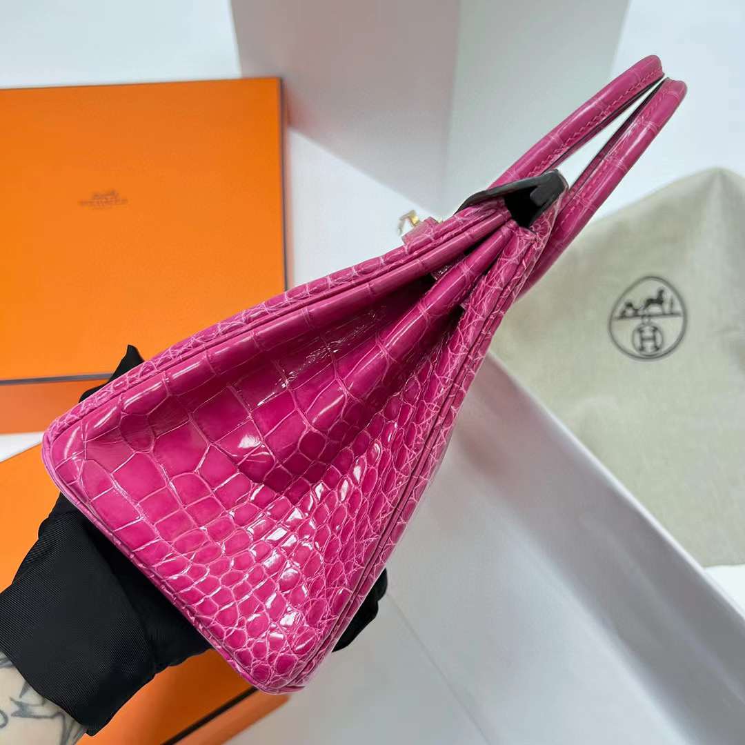 Hermès（爱马仕）Birkin 铂金包 亮面美洲鳄鱼 shiny alligator crocodile（御用原装进口Hcp鳄鱼）j5 桃粉色 金扣 25cm 全手工蜡线缝制 Ghw