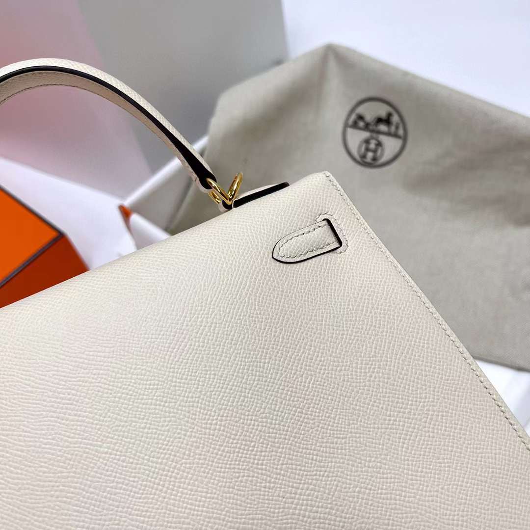 Hermès（爱马仕）Kelly 凯莉包 Epsom i2 奶油白 金扣 25cm 全手工蜡线缝制 Ghw