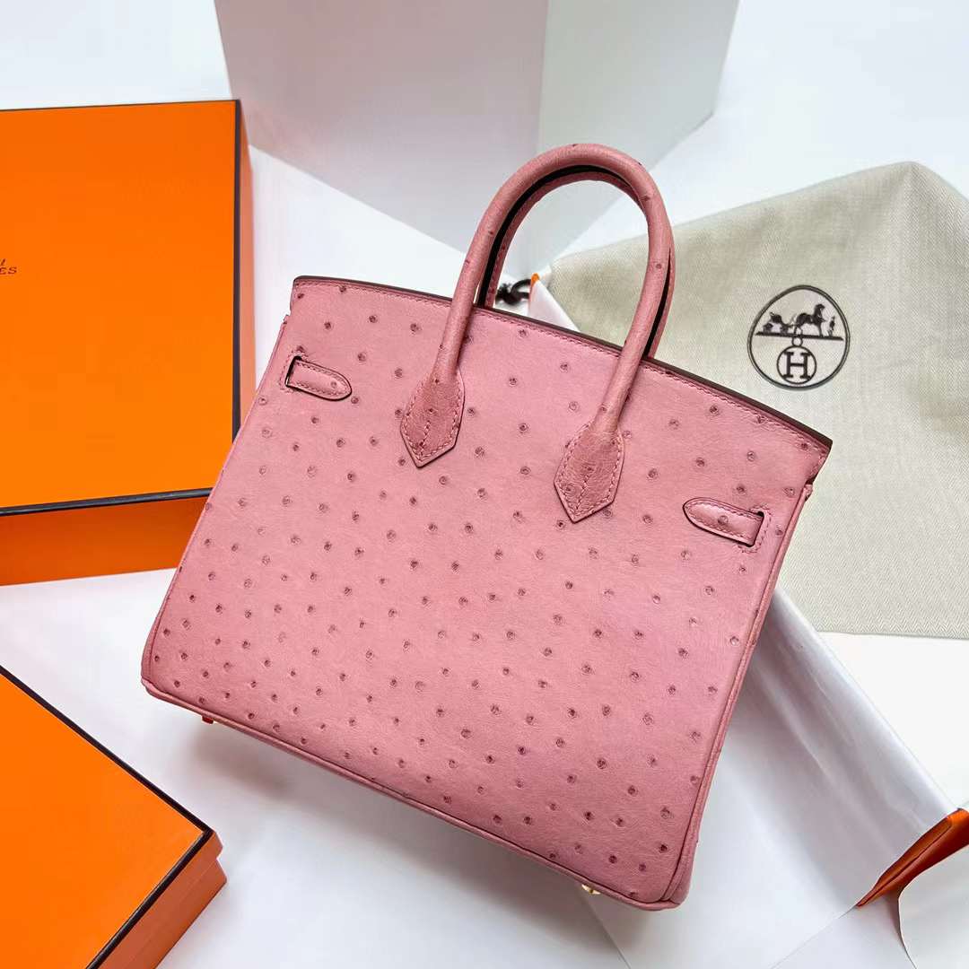 Hermès（爱马仕）Birkin 铂金包 Ostrich 进口鸵鸟皮 Ck94 陶瓷粉 金扣 25cm 全手工蜡线缝制 Ghw