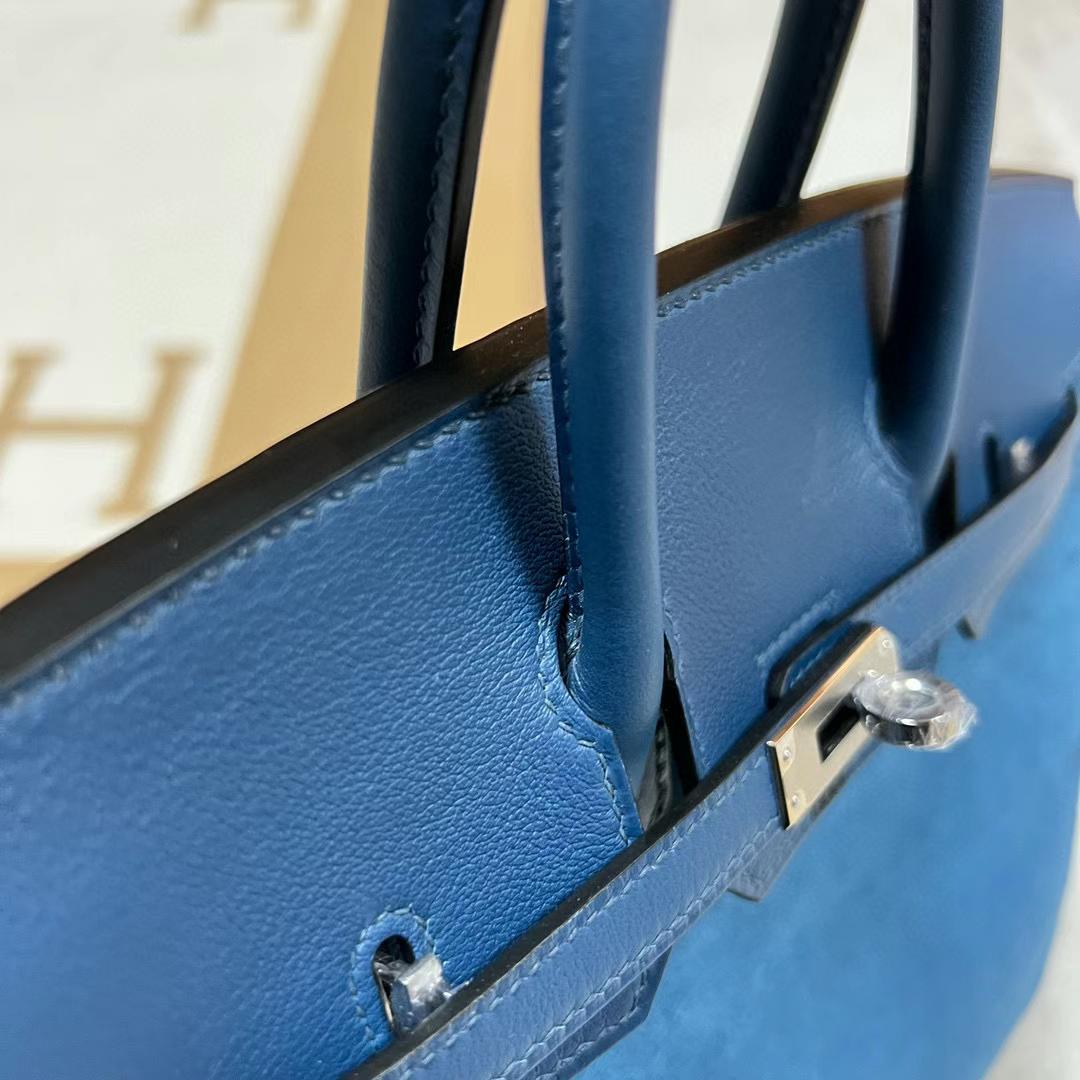 Hermès（爱马仕）Birkin 铂金包 Grizzly 麂皮 拼 Swift O8 皇家蓝 银扣 25cm